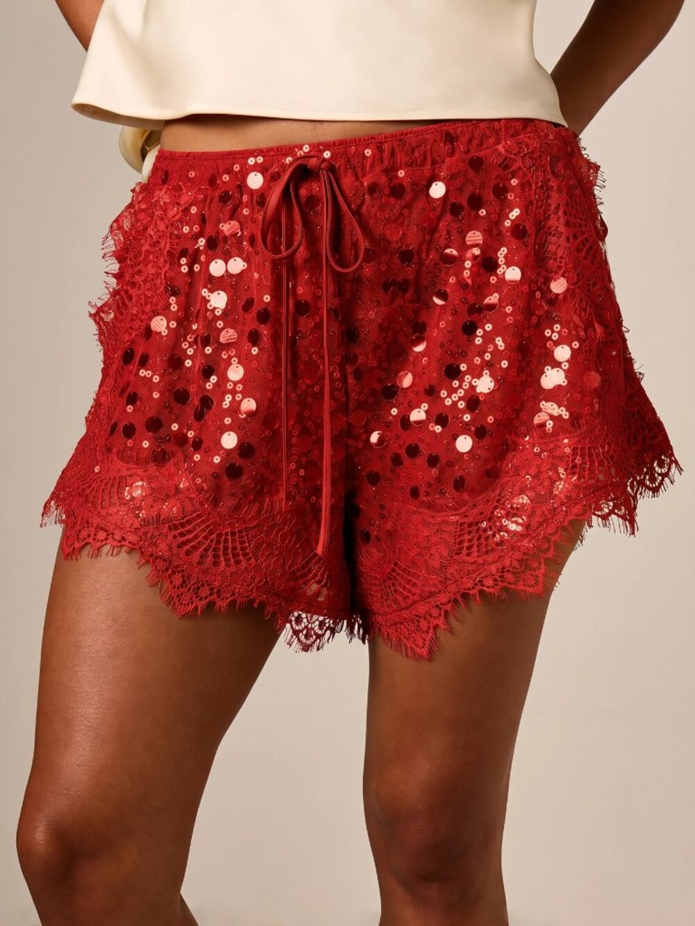 Red Party Women's Sequin Lace Track Shorts